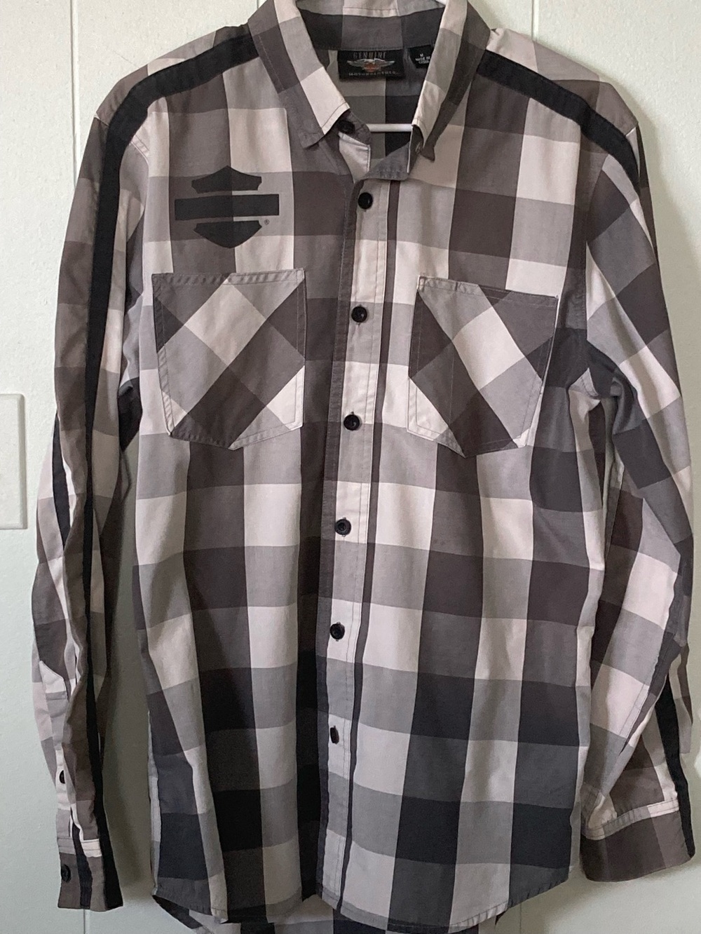 Harley-Davidson SZ M Gray & Black Plaid Long-Sleeve Button-Down Shirt